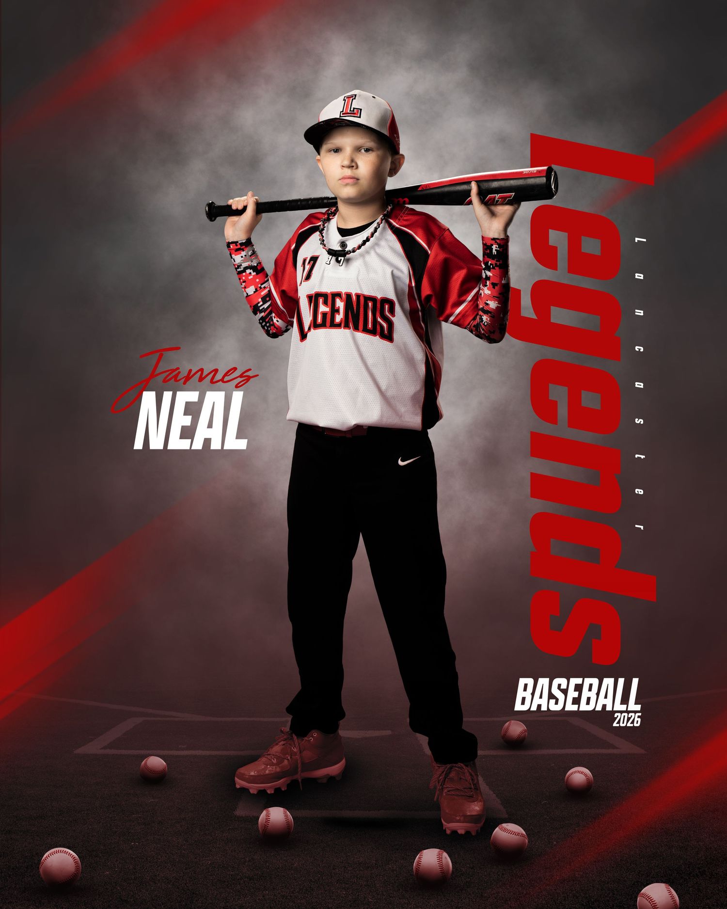 A dramatic sports photo series showing a young baseball player in uniform against a dark background with red accents.