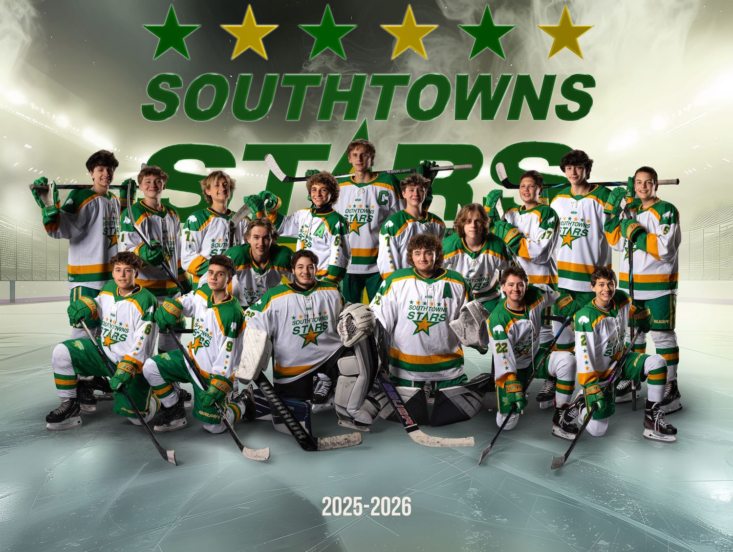 A youth hockey team poses for their official 2025-2026 season photo with Southtowns Stars banner and gold stars above.