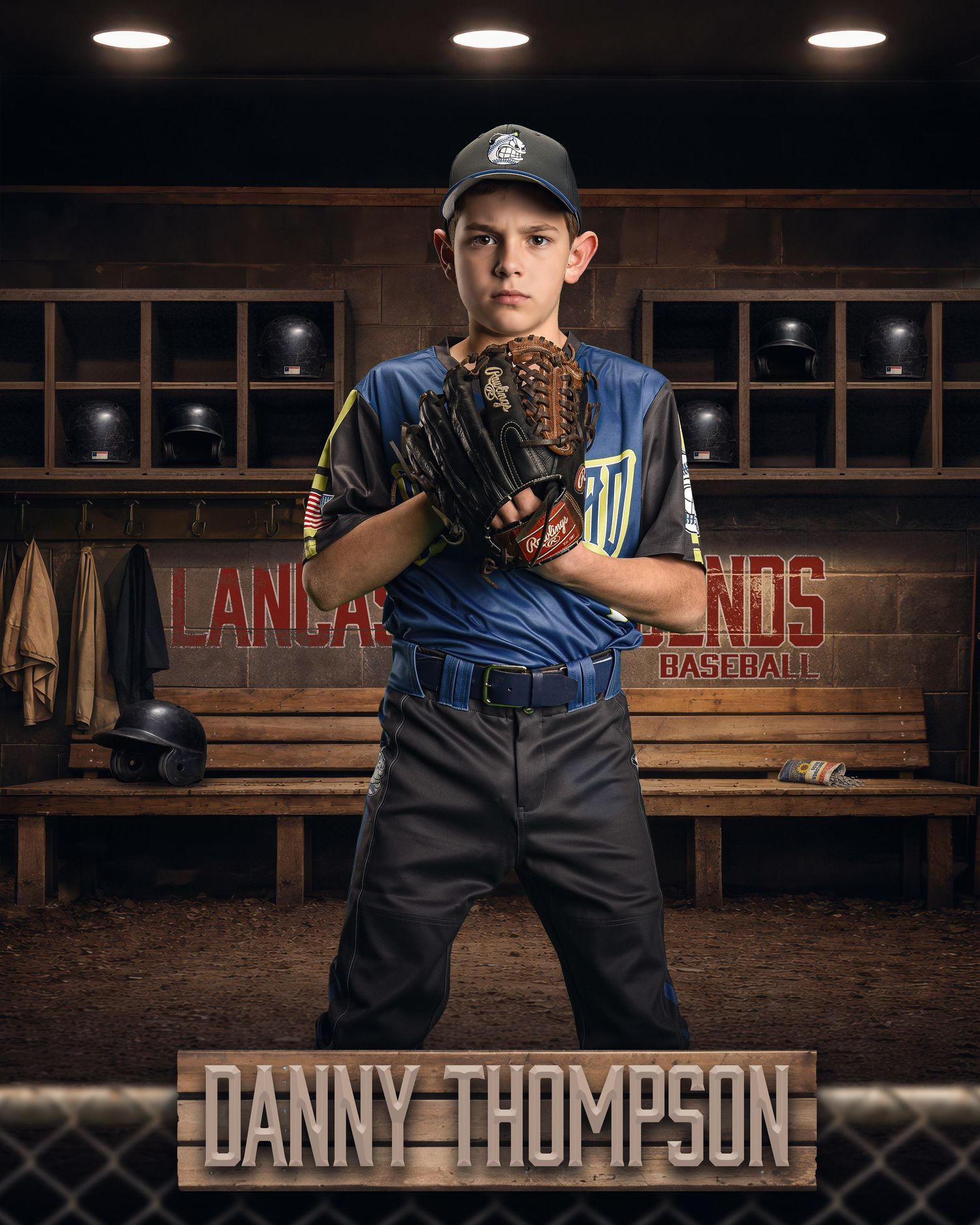 Baseball player stands in a dimly lit dugout with overhead spotlights creating dramatic shadows and lighting effects.