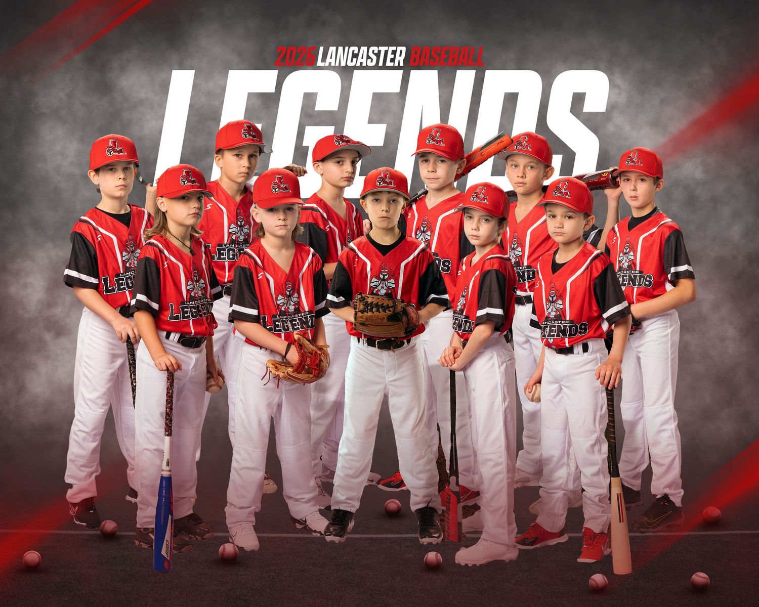 Youth baseball team in red and white uniforms poses together for team photo against dark background with Legends text overlay.