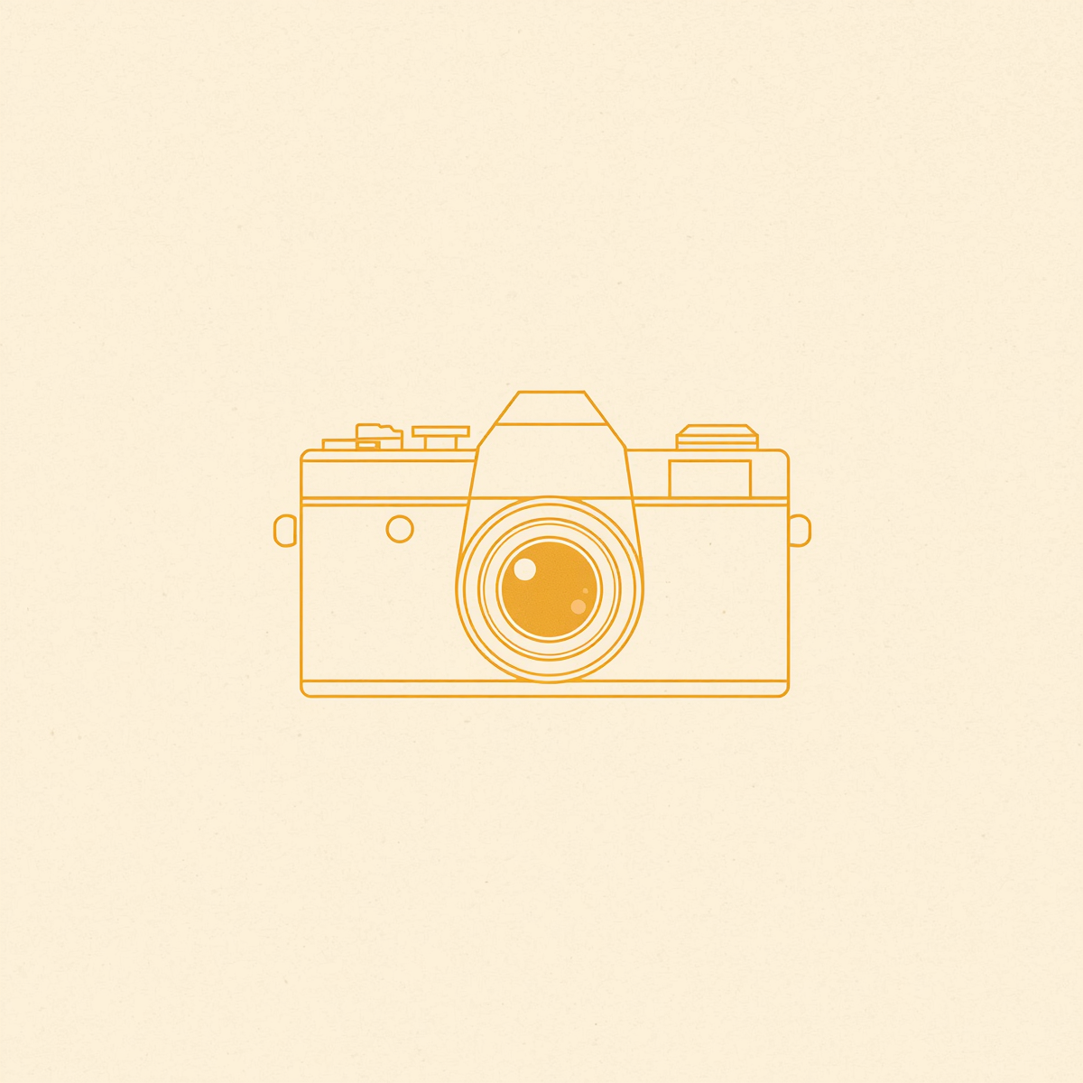 Minimalist golden yellow vintage film camera illustration on a soft cream background.