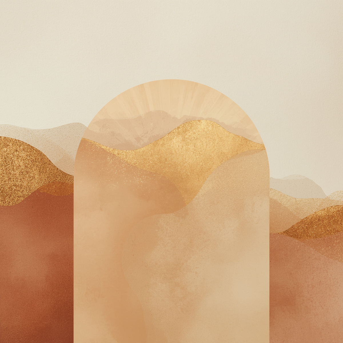 Abstract boho landscape with golden mountains, arched frame, and warm terracotta tones in minimalist watercolor style.