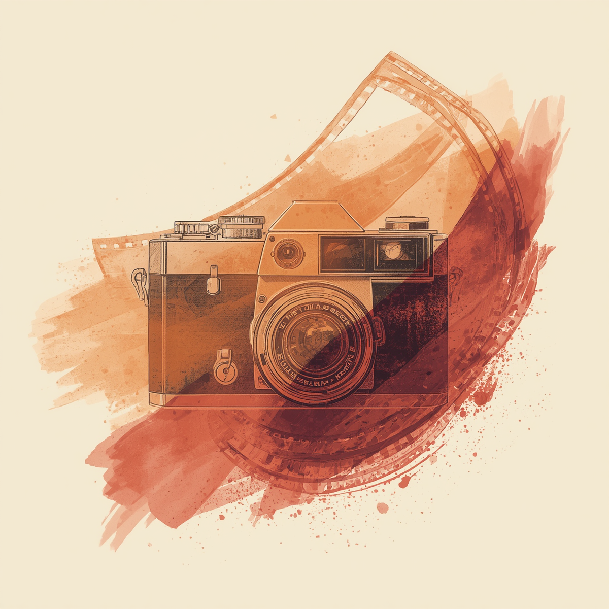 Vintage film camera with retro watercolor brush strokes in warm red and orange tones on cream background.