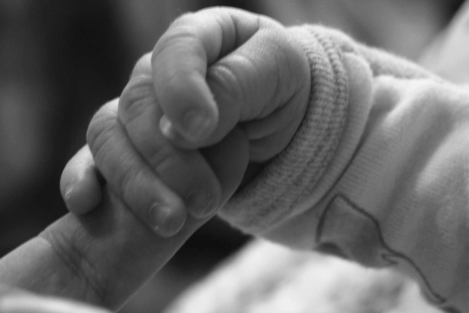 An image of a baby holding it's mother's finger.