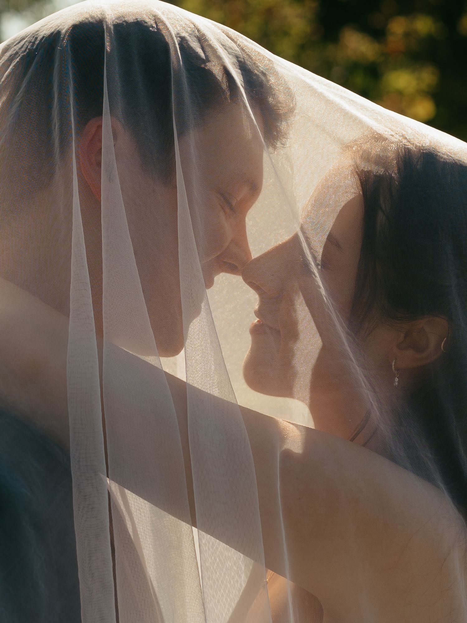 A romantic wedding couple sharing an intimate moment under a sheer bridal veil, with soft natural light filtering through.