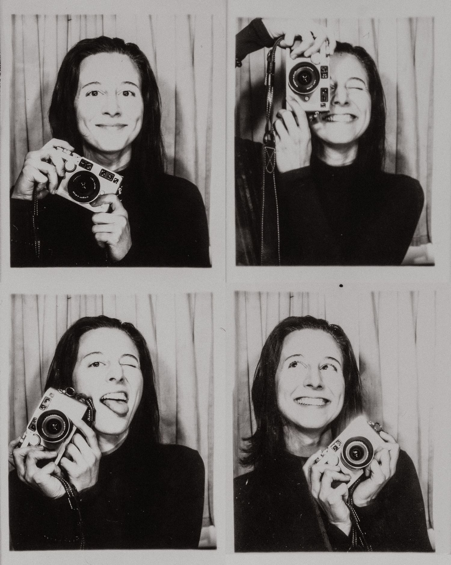 Four vintage photo booth style images showing someone posing playfully with a camera in black and white.