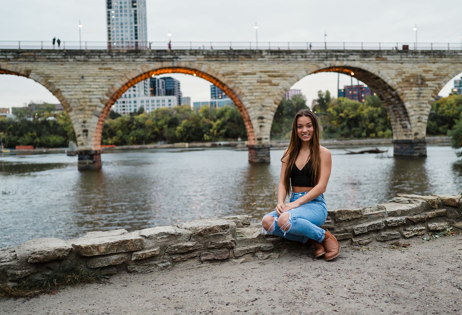 senior girl stone arch bridge