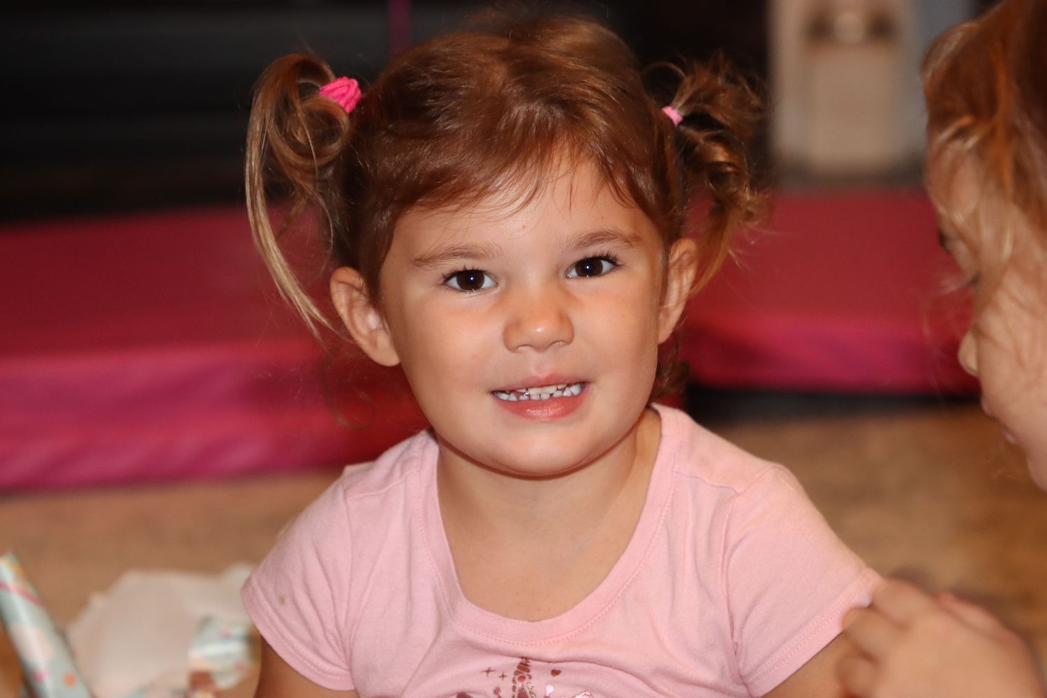 Adorable toddler girl with pigtails smiling warmly while wearing a pink shirt indoors.
