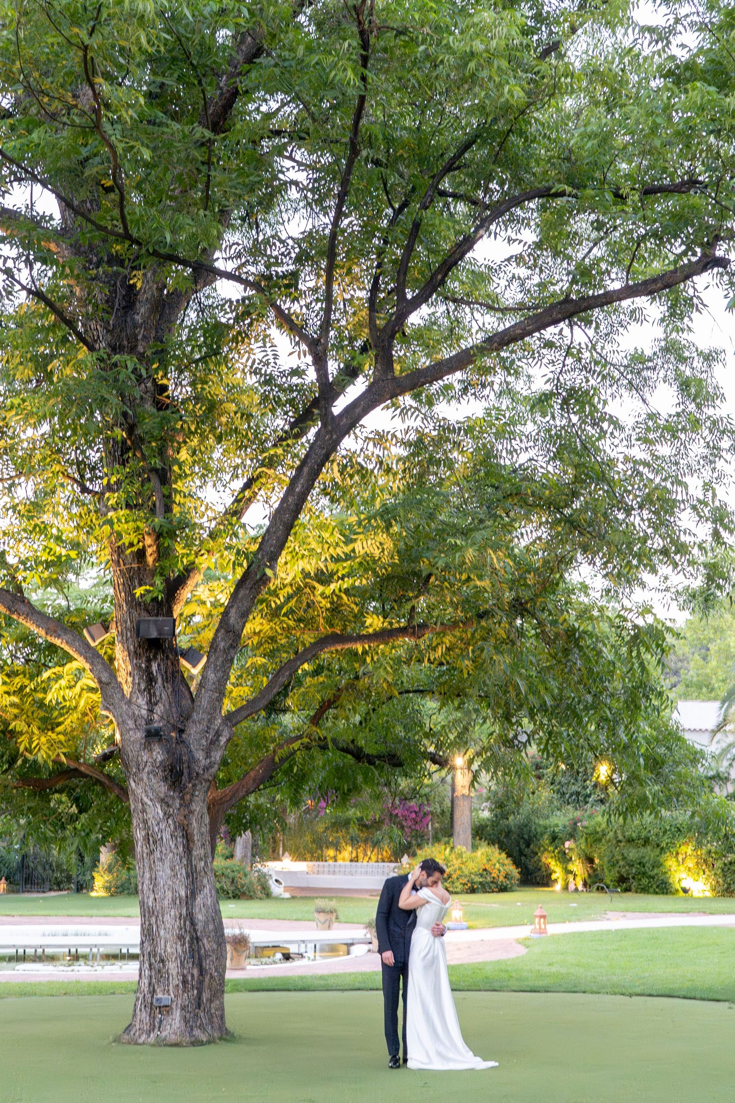 A couple stands beneath a majestic tree on a lush green lawn during a romantic outdoor moment.