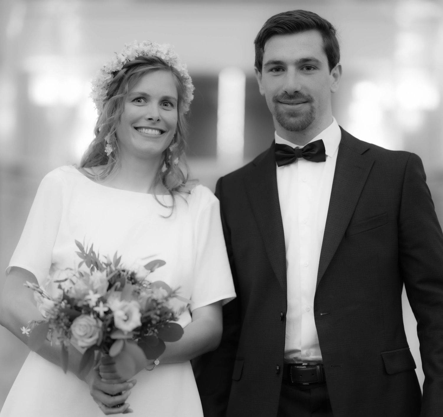 Black and white wedding photos showing happy couples in formal attire with bouquets and smiles.