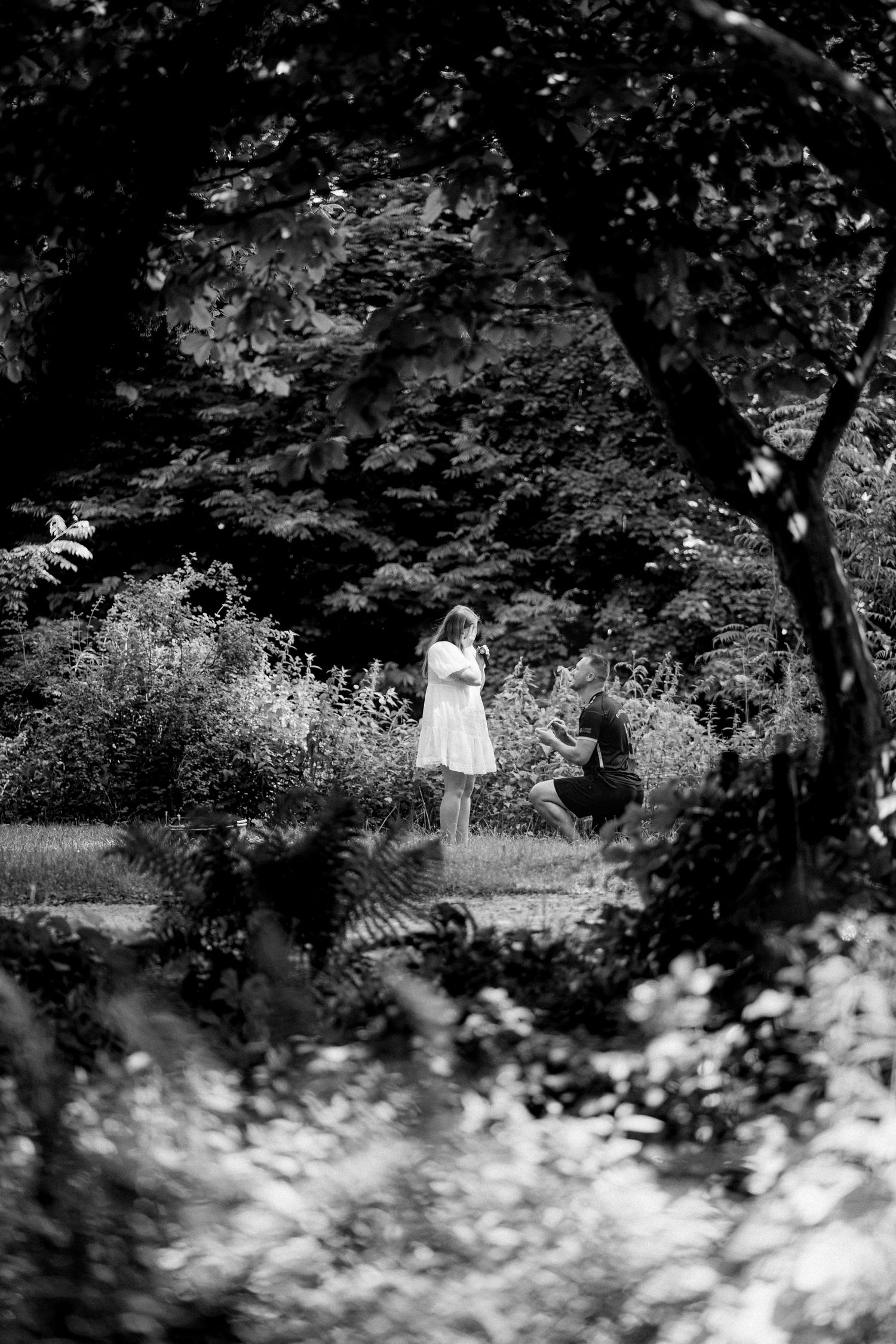 A romantic garden proposal captured through foliage in black and white.
