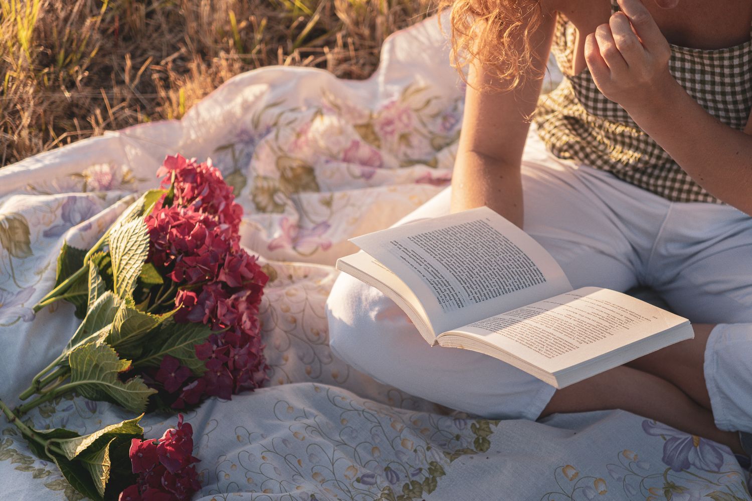 Photographie fille, bucolique, livre, couché de soleil, chaleureux, fleurs