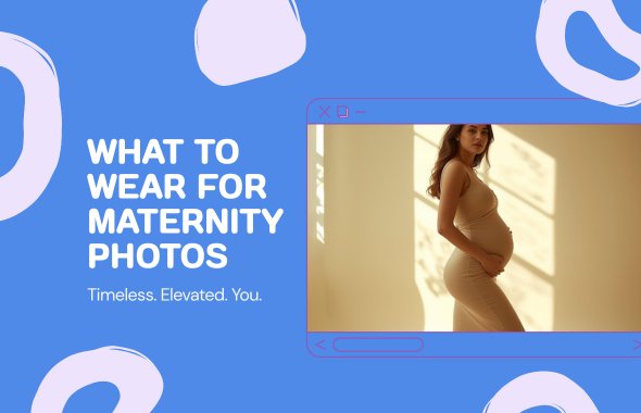 Pregnant woman in a beige bodysuit poses gracefully for a maternity photo shoot, with text reading What to Wear for Maternity Photos.