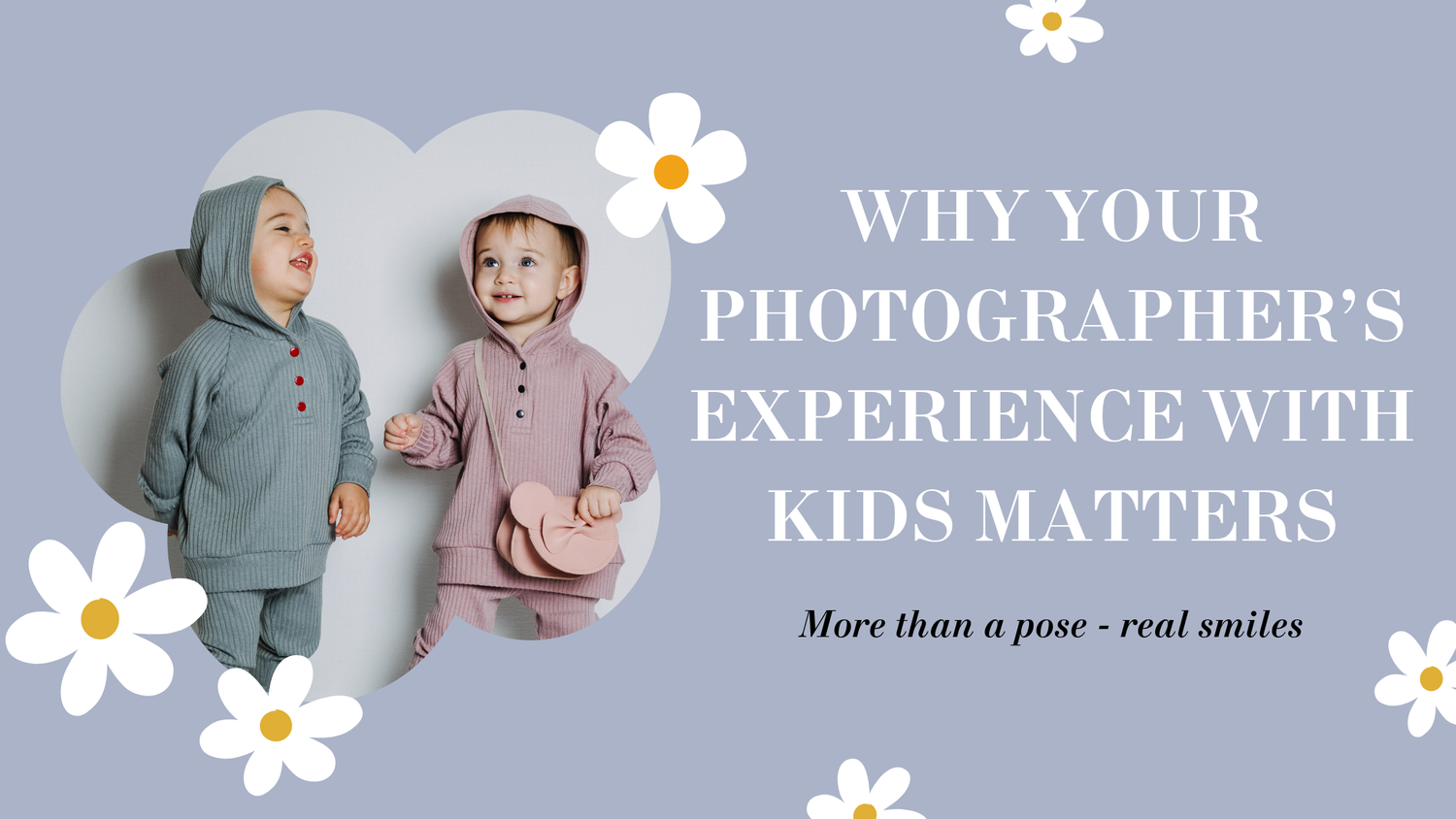 Four connected social media post templates with white daisies and text about photography experience with kids.