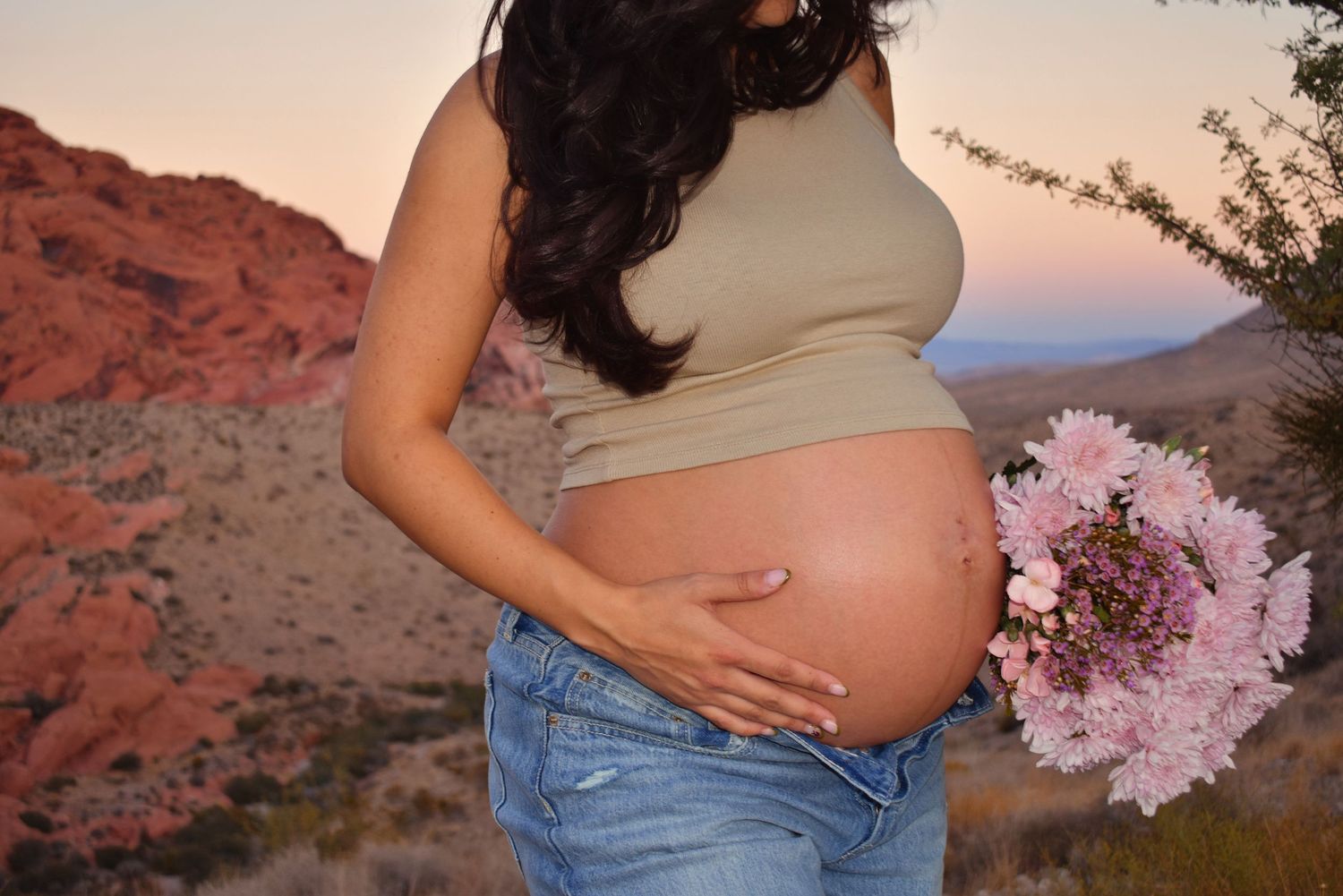 A pregnant woman in a crop top holds her belly against a backdrop of red rock formations at sunset.