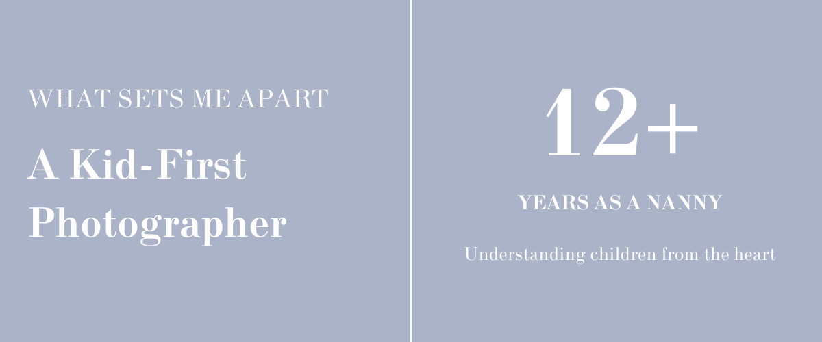 A minimalist gray and white business card design featuring text '12+ years as a nanny' and 'A Kid-First Photographer'.