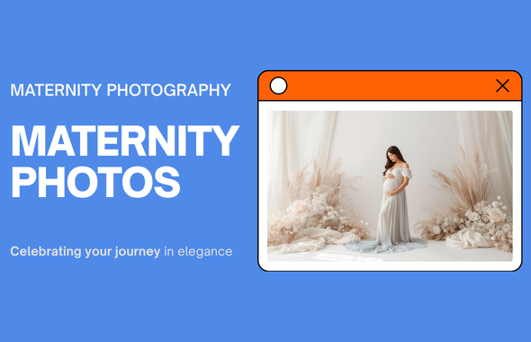 A promotional banner for maternity photography services featuring a pregnant woman in an elegant blue gown surrounded by floral decor.