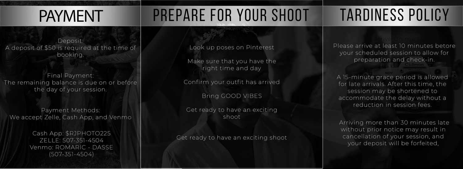 Photography business policies showing payment, shoot preparation and tardiness information.