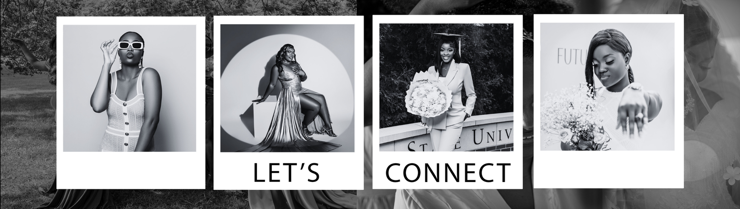 Four vintage style polaroid photos arranged horizontally with text saying 'LET'S CONNECT'.
