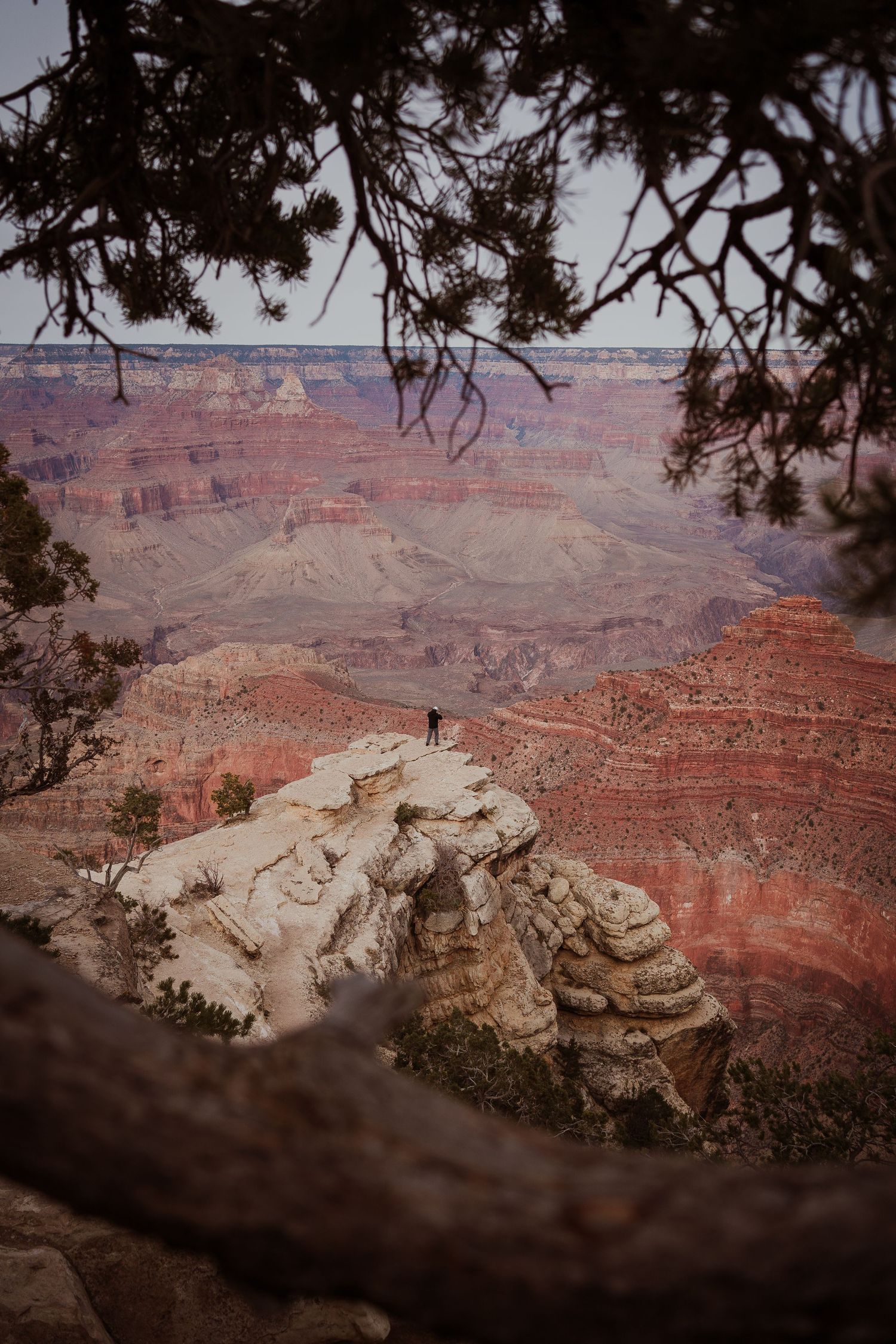 A panoramic view of the Grand Canyon's layered red rock formations and deep valleys under a cloudy sky.