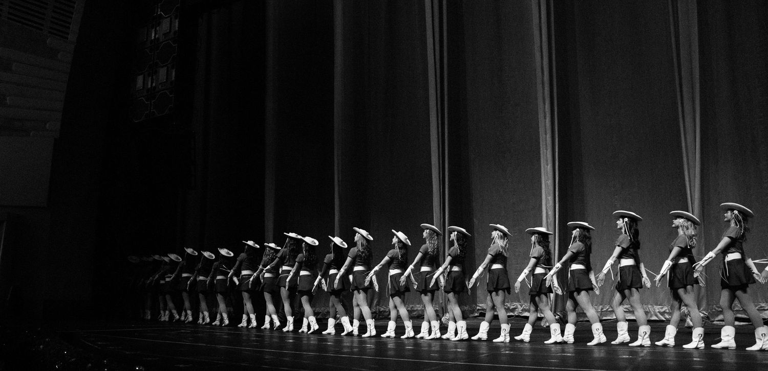 A silhouetted line of dancers performing synchronized kicks in a stage performance.