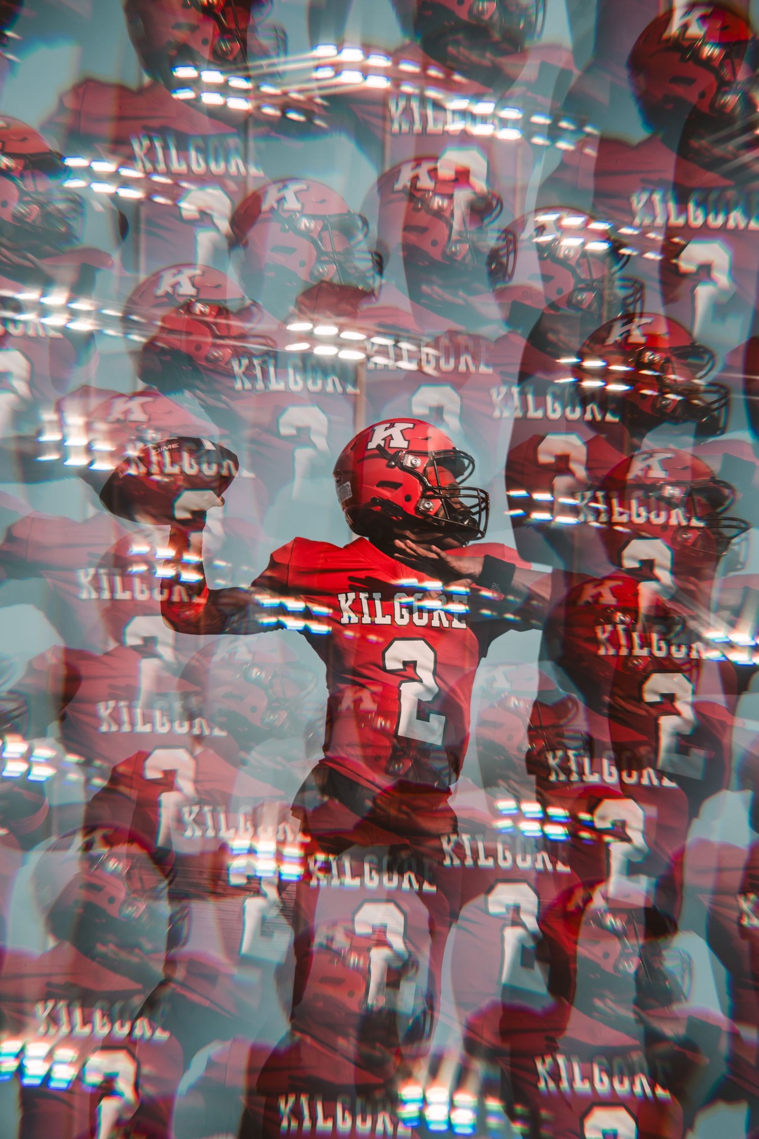Multiple overlapping images of a football player in red uniform number 3 creating a dynamic motion effect.