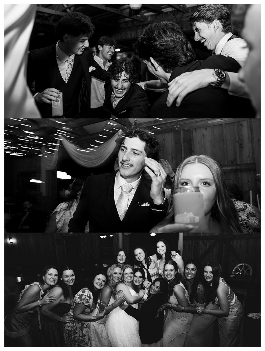 Black and white wedding reception photos showing guests dancing, couple posing, and bridal party group photo.