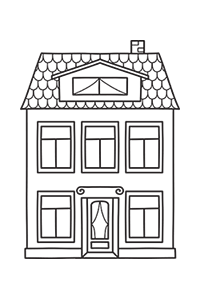 Line drawing of a two-story house with six windows, a front door, shingled roof and small chimney on top.