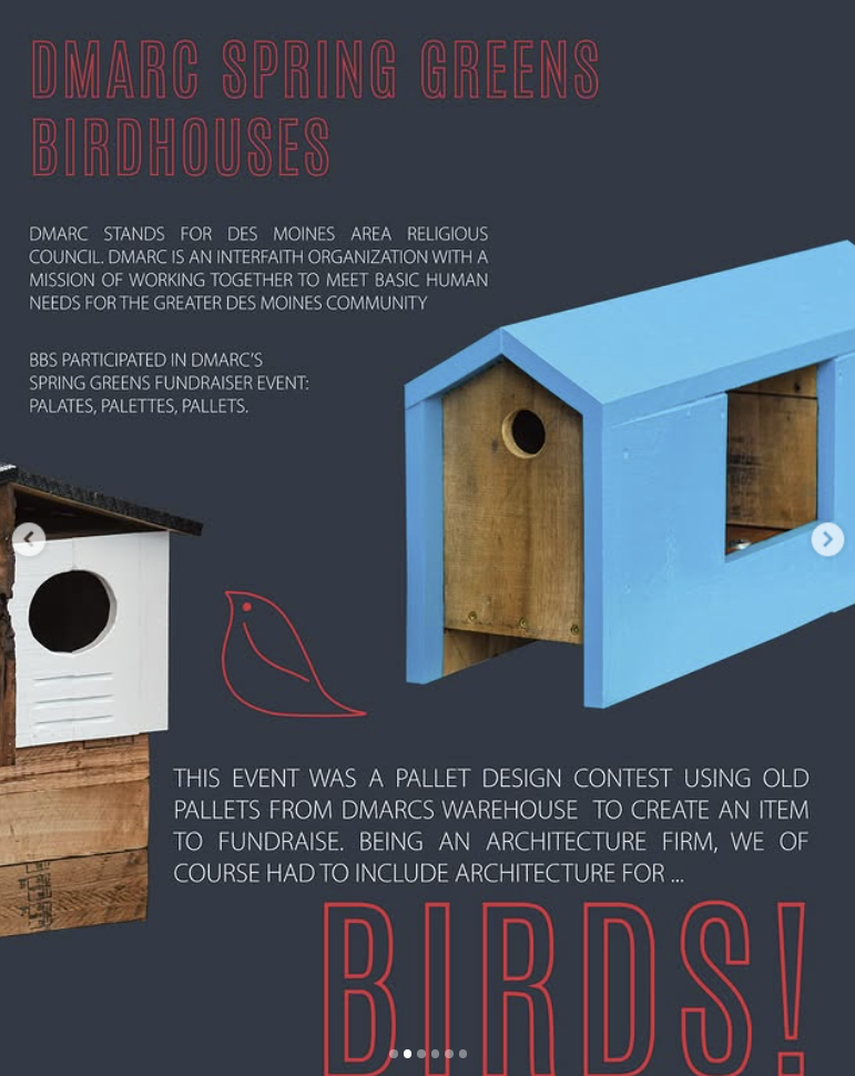 Blue and brown birdhouse designs made from recycled pallets showcase sustainable architecture for DMADE Spring Greens event.