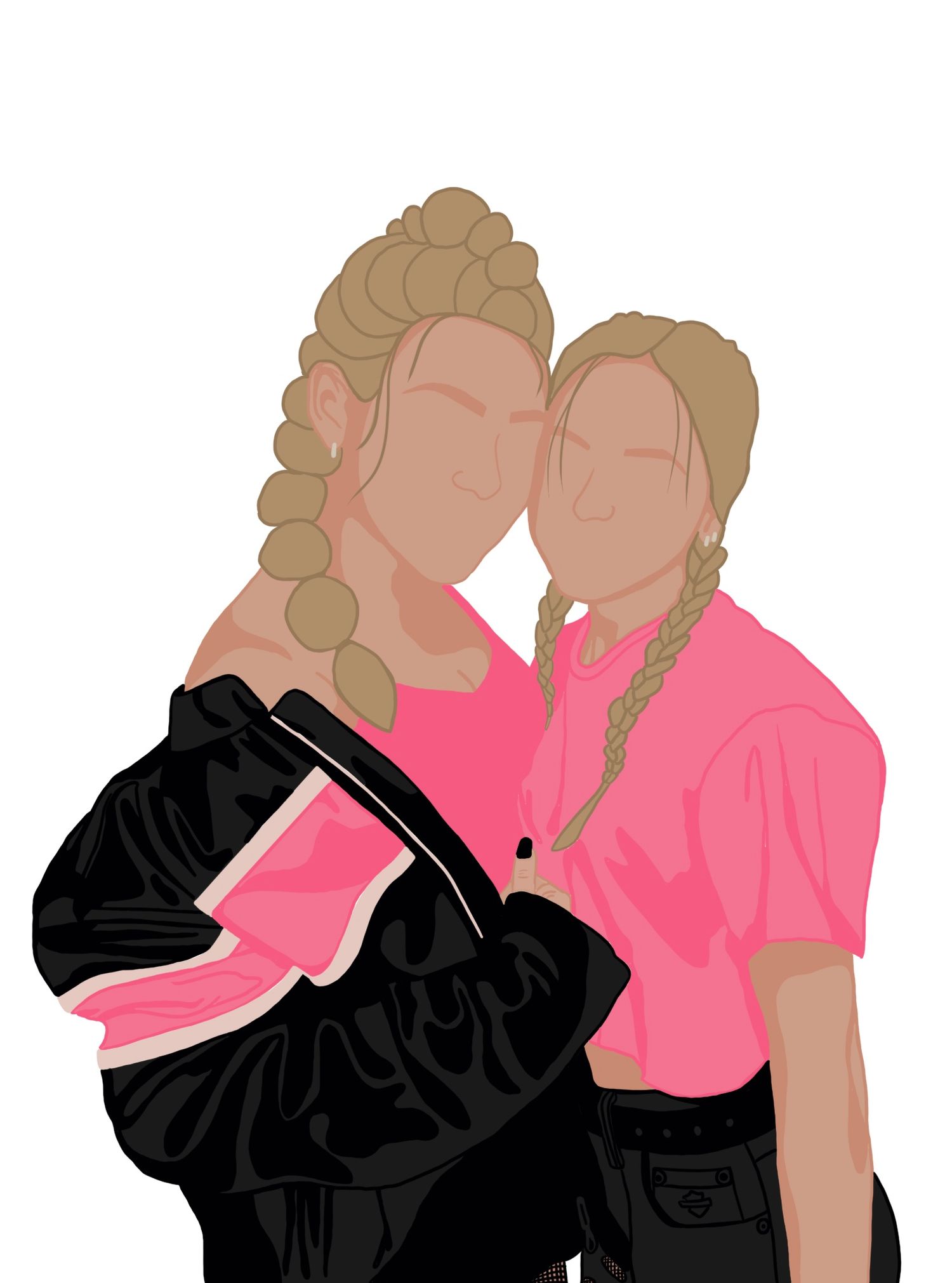 Digital illustration of two people in pink shirts and black pants with braided hairstyles standing together.