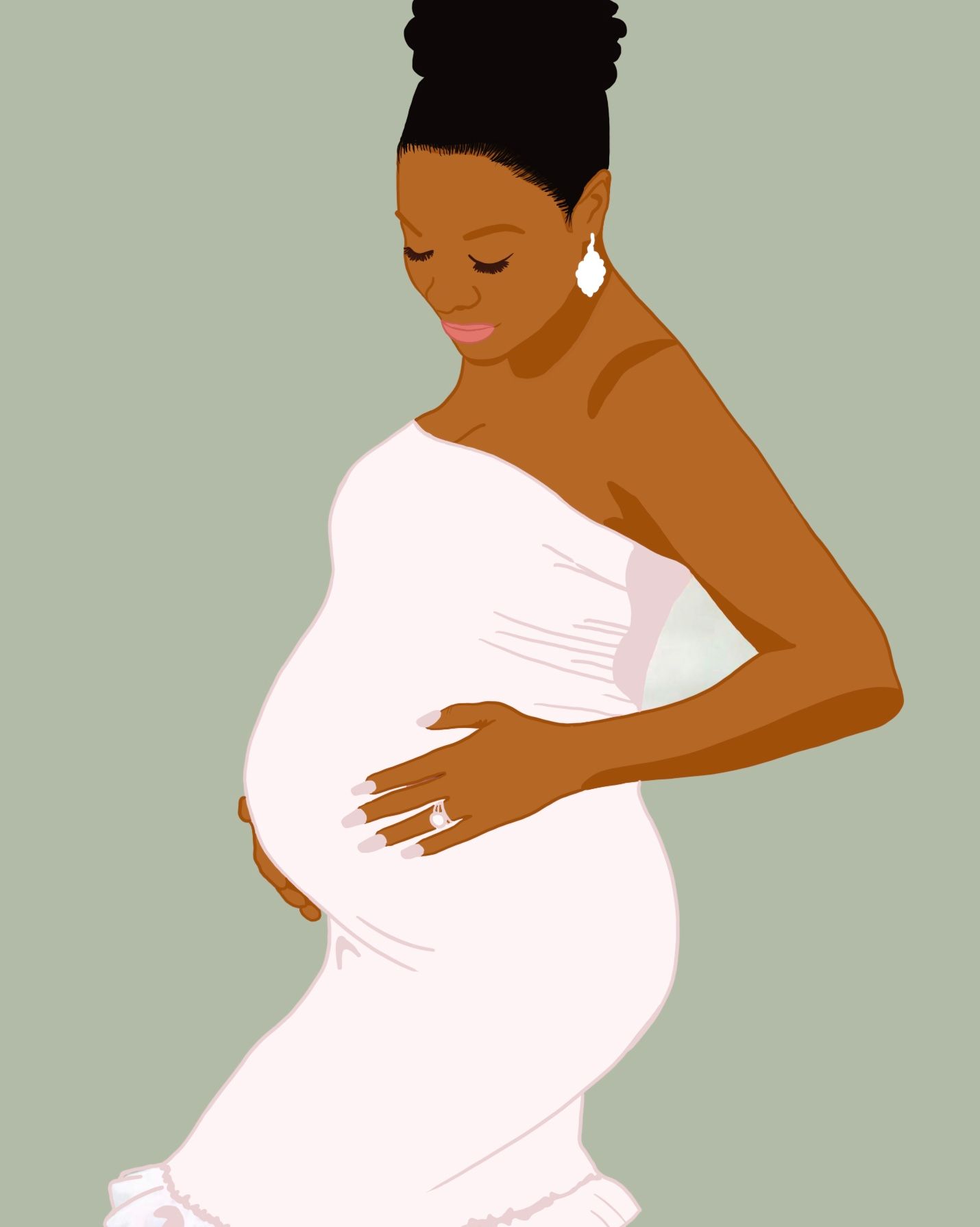 Series of illustrations showing a pregnant person in white dress cradling their growing belly during different stages of pregnancy.