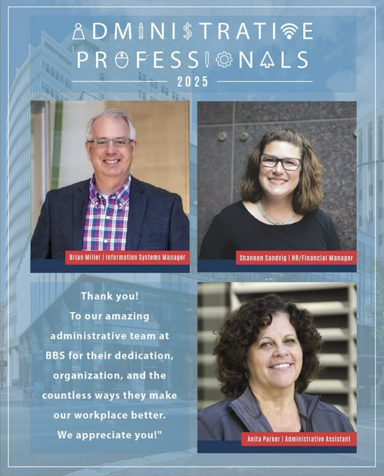 Collage showcasing administrative professionals with profile headshots and text overlays from a 2025 workplace appreciation message.