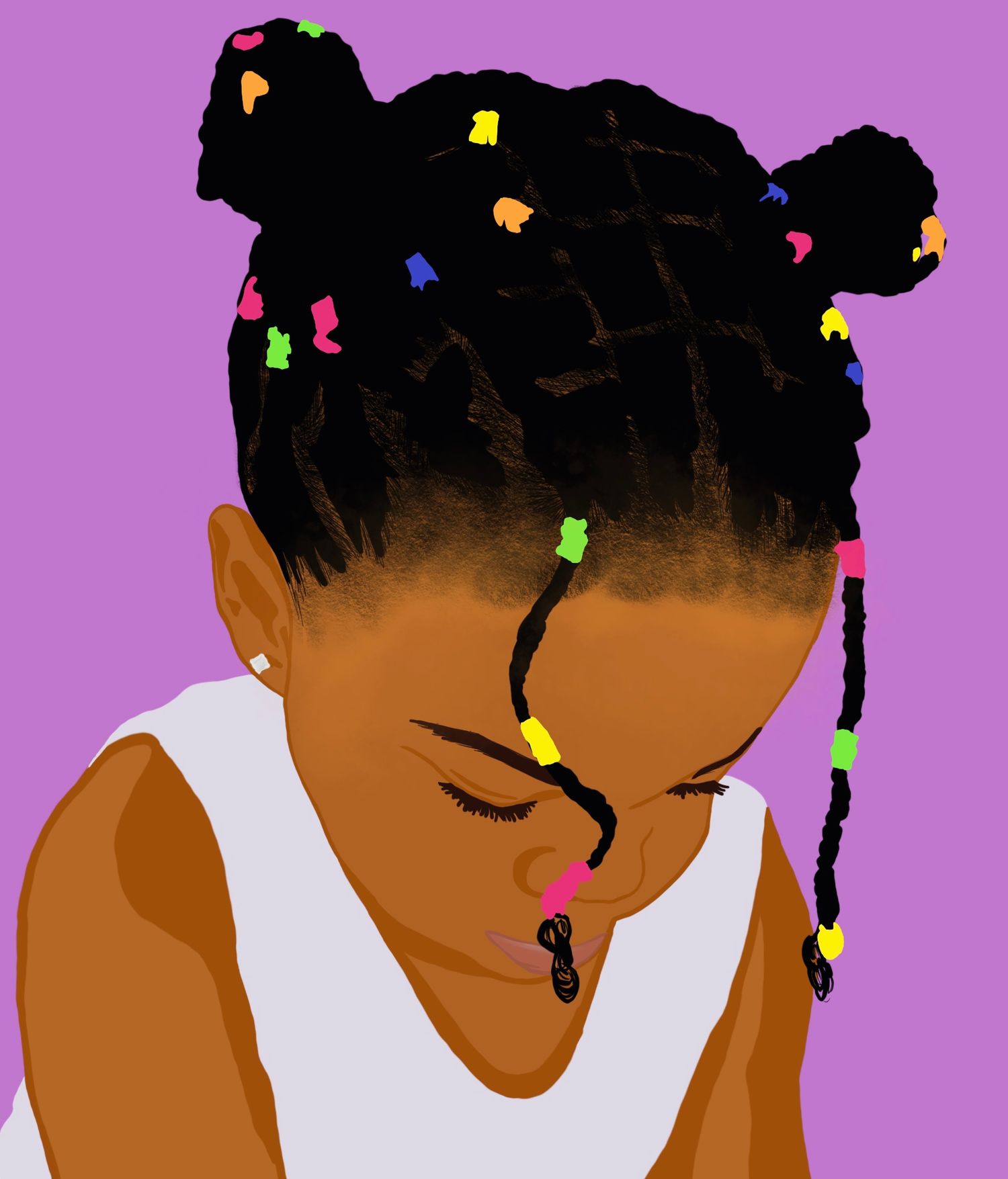 Digital illustration of a child with colorful hair beads and barrettes arranged in neat buns, wearing a white top against purple.