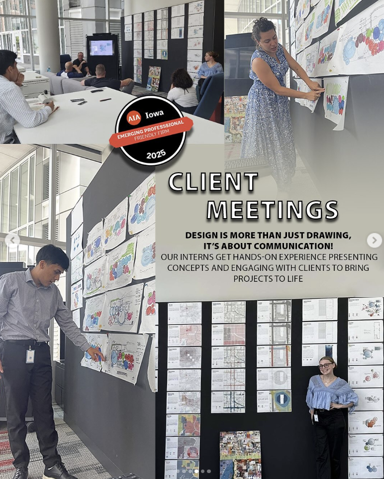 Interior office space showing client meetings with project drawings and presentations displayed on walls.