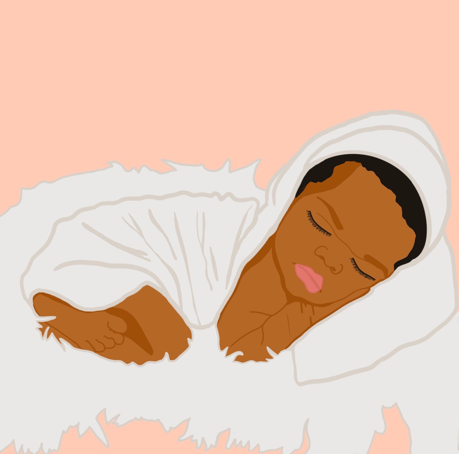 Peaceful illustration of a sleeping baby swaddled in white against a soft peach background.