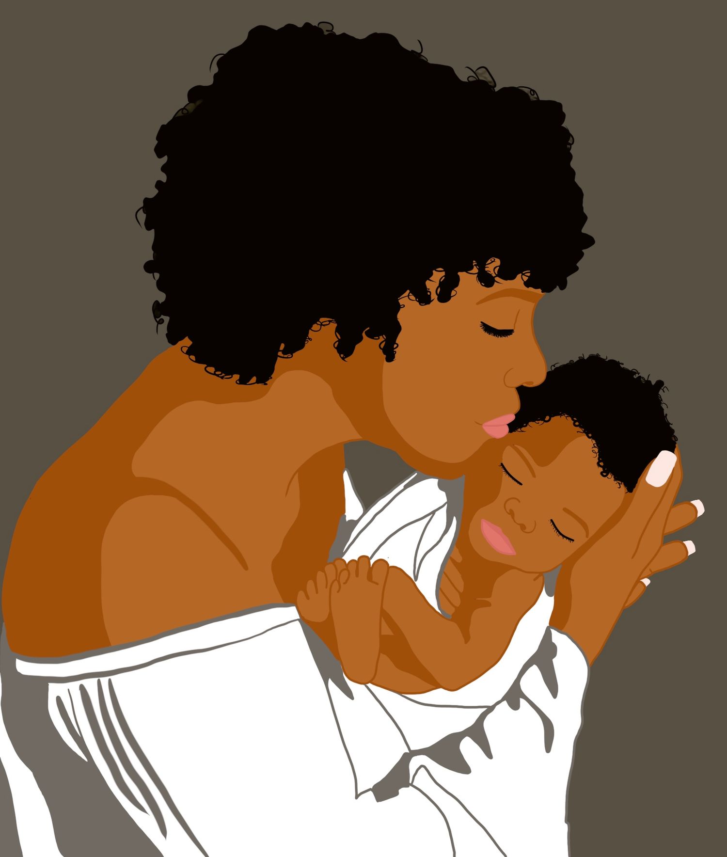 Artistic illustration of a tender moment between a parent and baby in white clothing against a dark background.