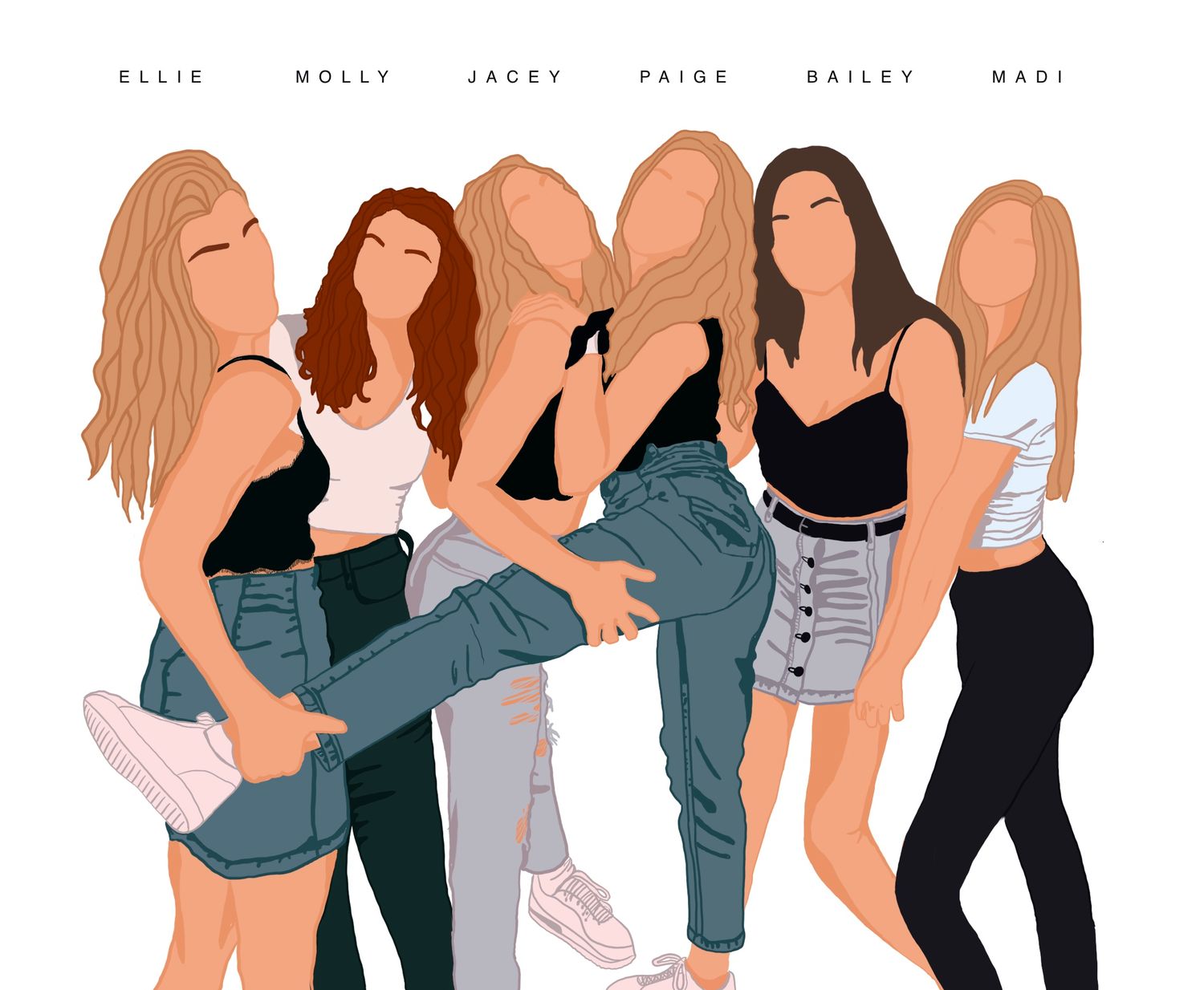 Minimalist illustration of six friends posing casually in trendy outfits with denim and crop tops.
