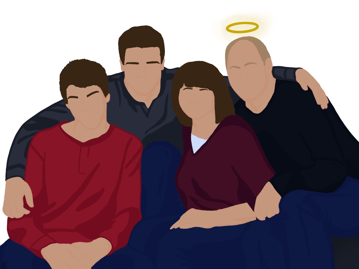 Digital minimalist art of four people sitting closely together on a couch wearing casual attire.