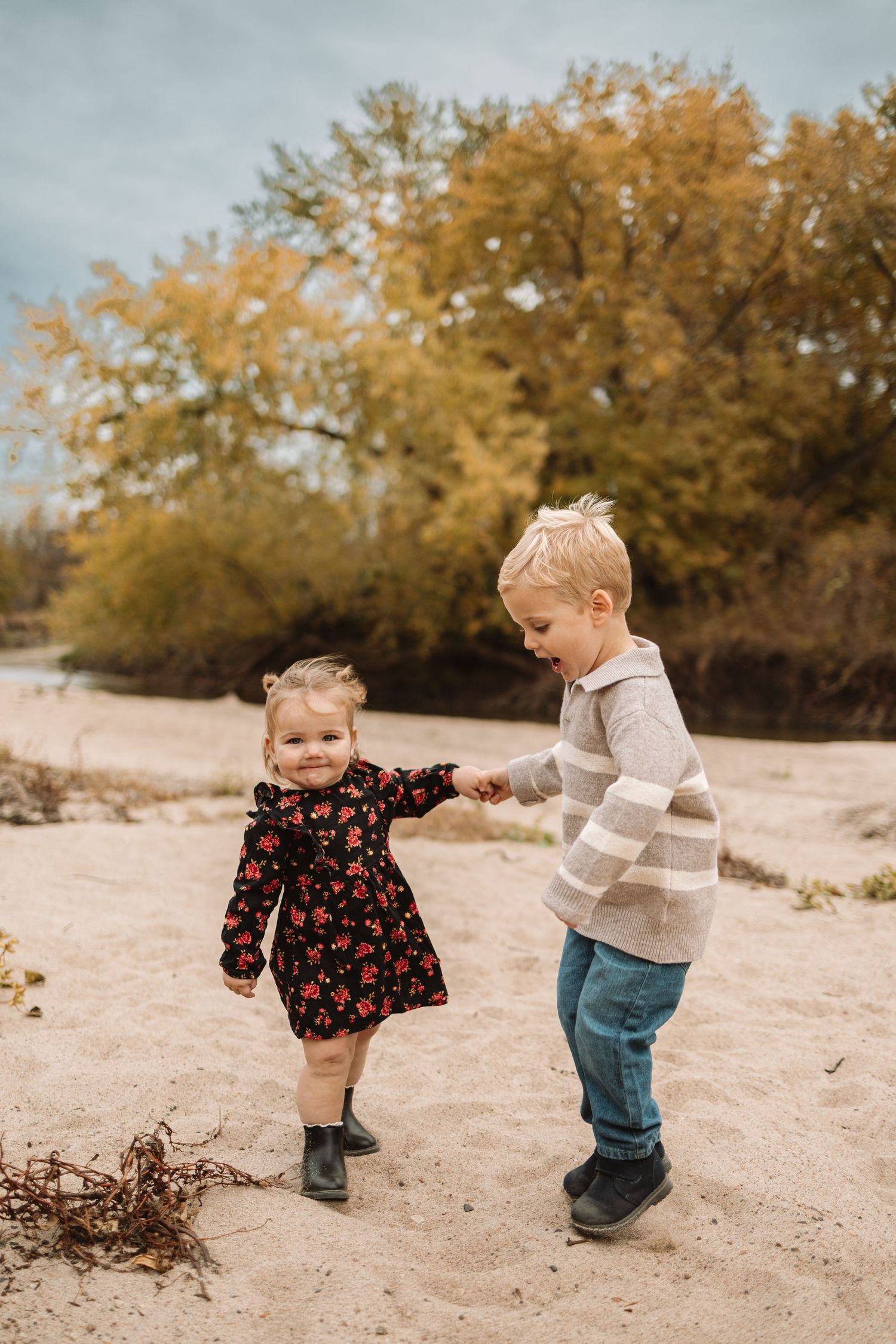 Two toddlers playing together on sandy ground with autumn trees in the background during a sunny day.
