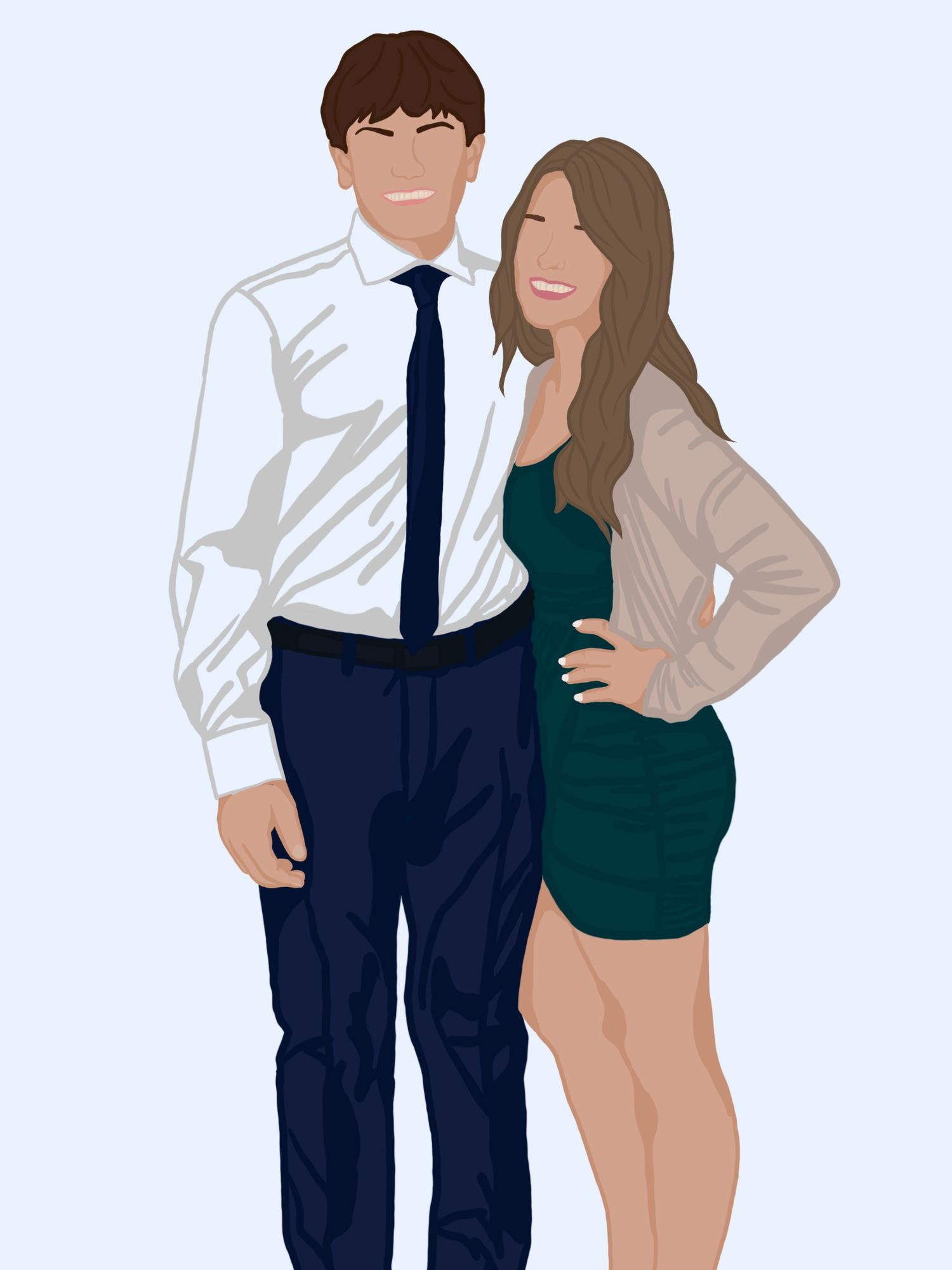 Minimalist illustration of a couple in formal attire with a man in tie and woman in green dress posing together.