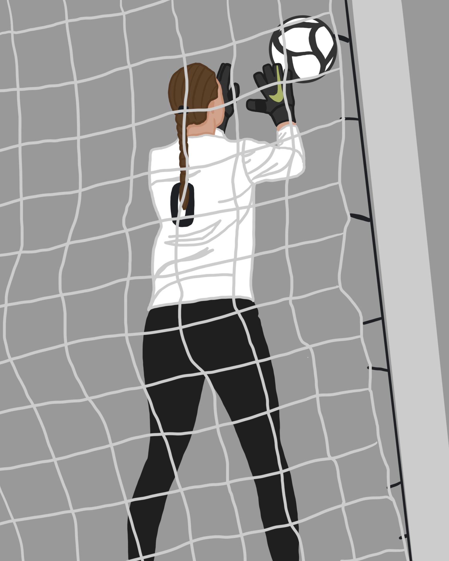 Goalkeeper diving to block a soccer goal in a stylized black, white, and gray illustration.