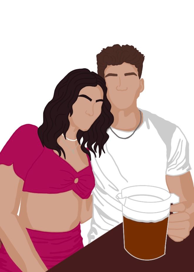An artistic illustration shows silhouetted people in pink and white holding frothy beer mugs in a repeating pattern.