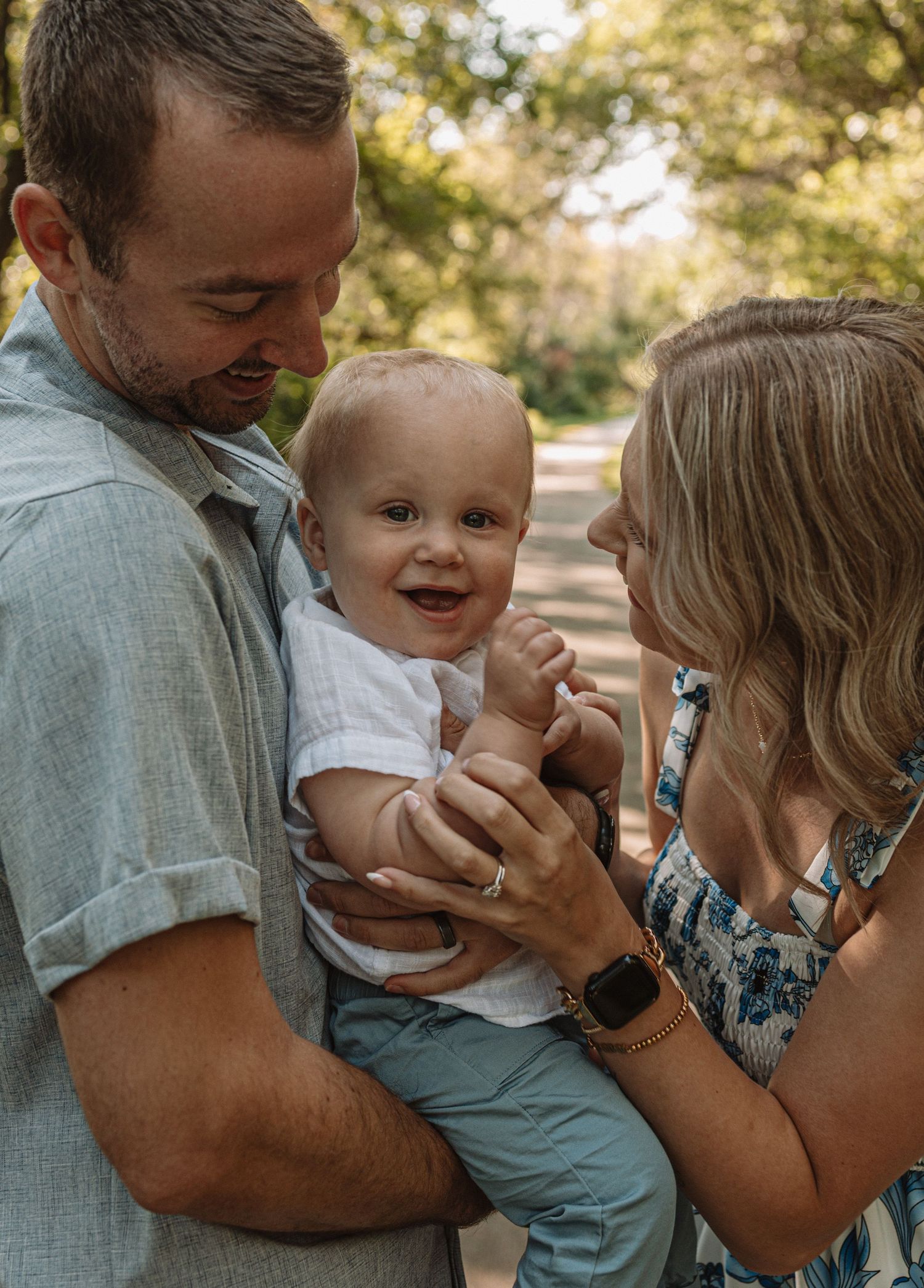 A joyful family moment captured in a series of candid outdoor photos showing playful interaction and laughter.