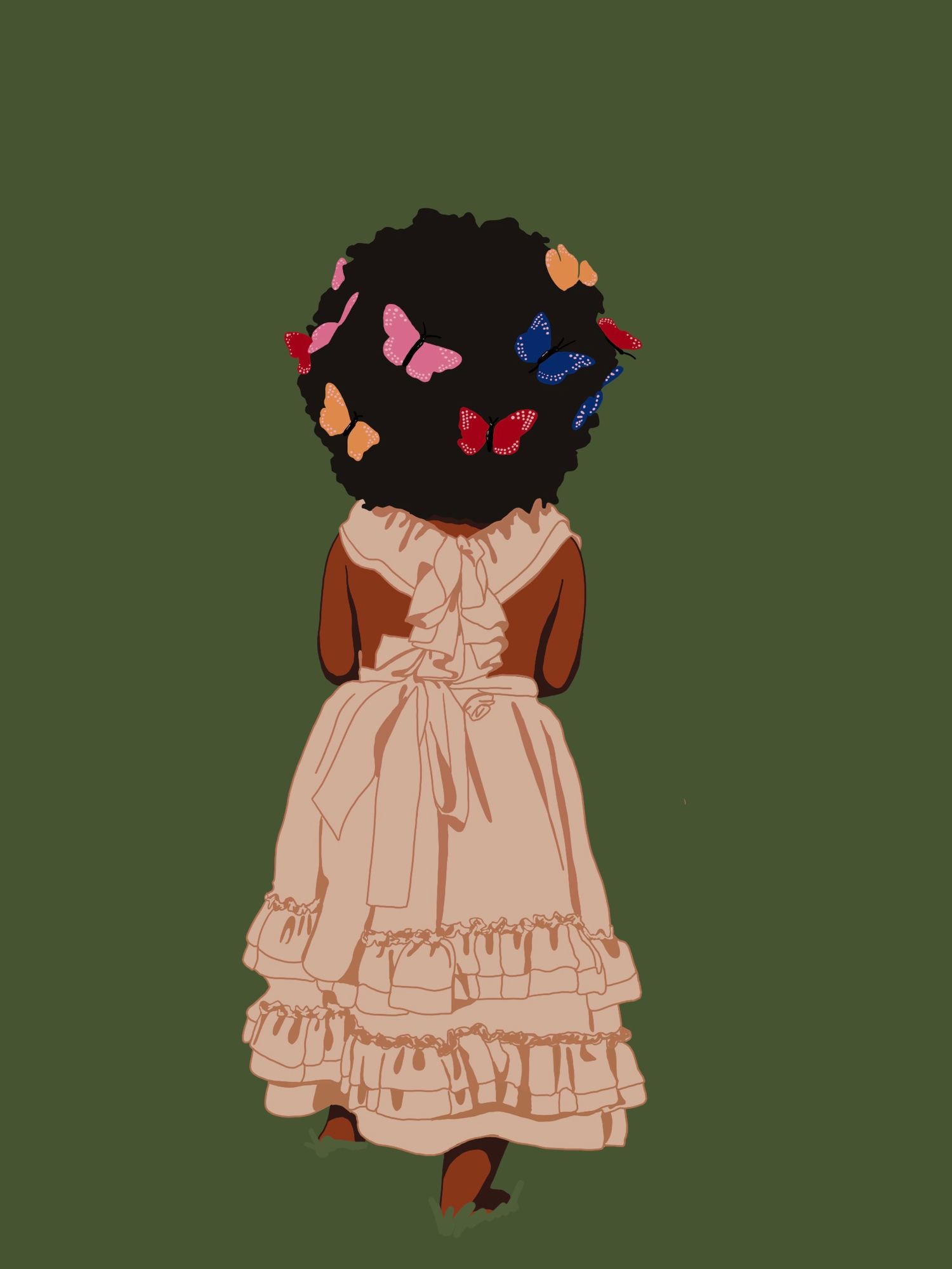 Paper doll pattern showing five identical doll outfits in peach tones with ruffled details against a dark green background.