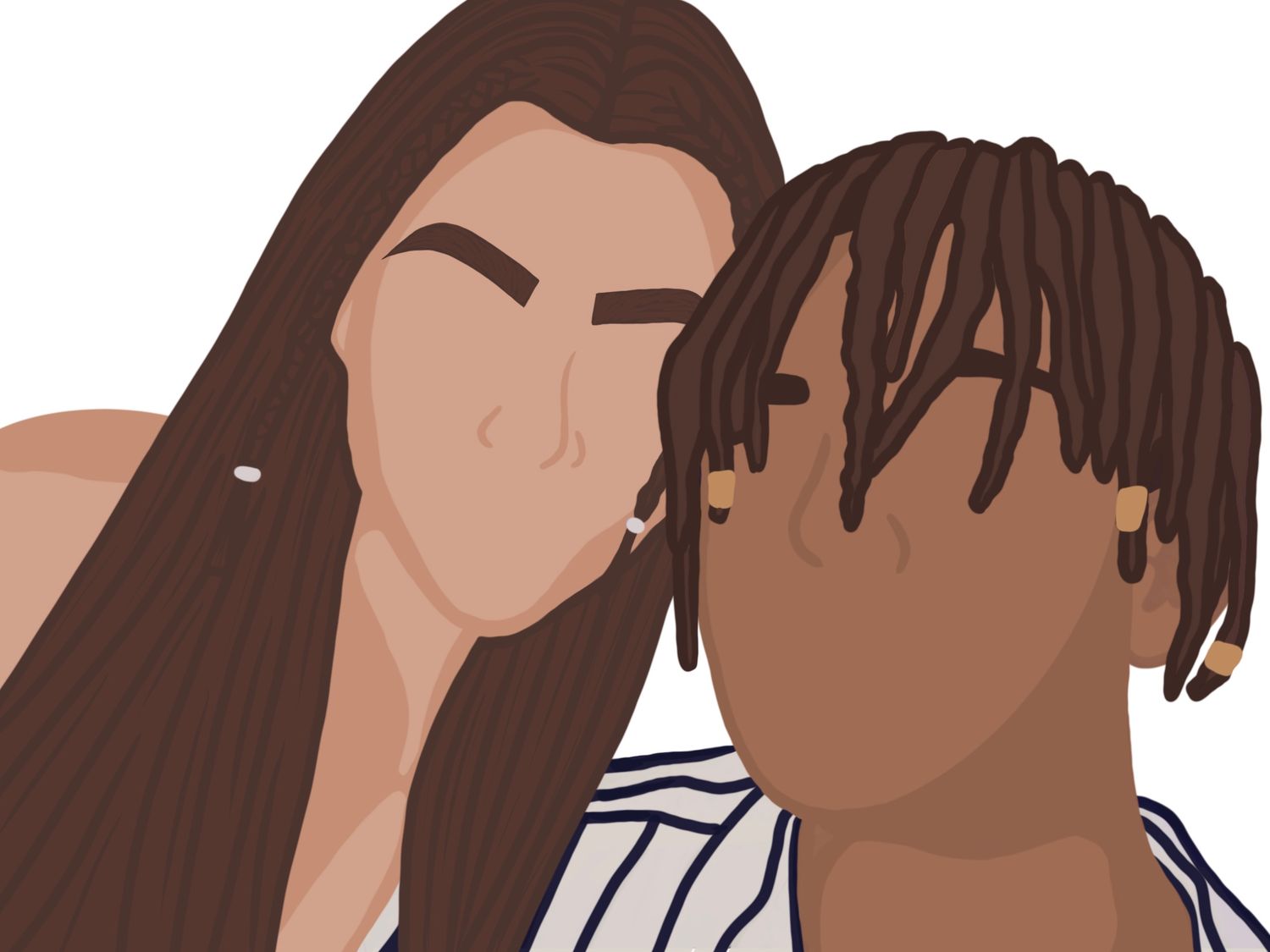 Digital illustration of a romantic couple with one having long brown hair and another with short locs.