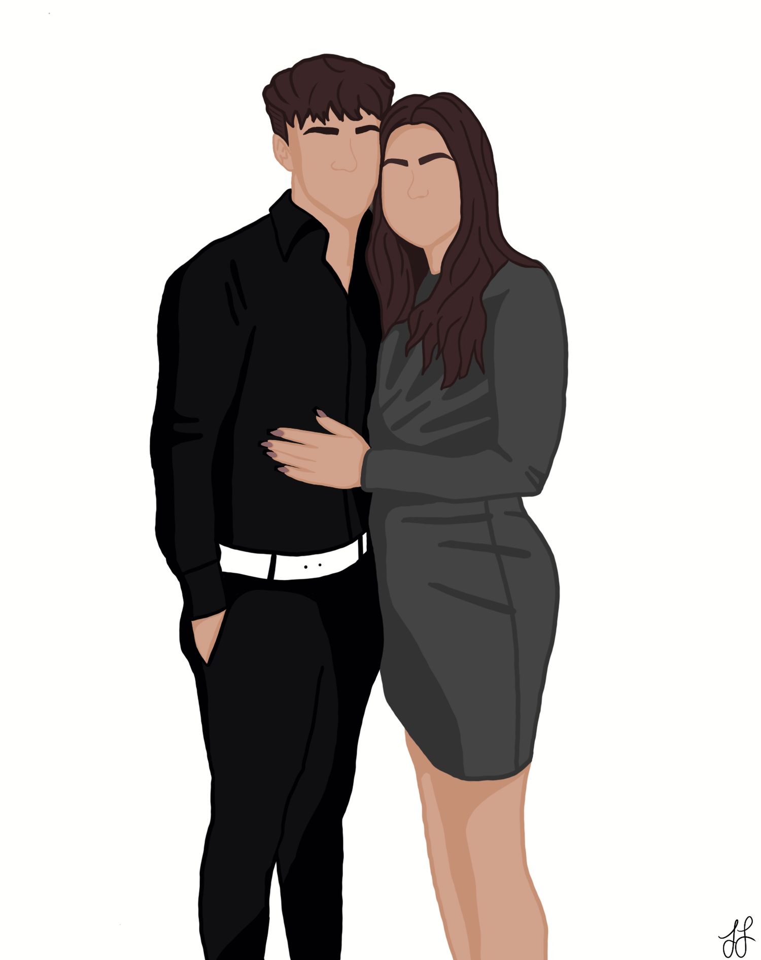 Minimalist illustration of a couple embracing, with the woman in a grey dress and the man in a black suit.