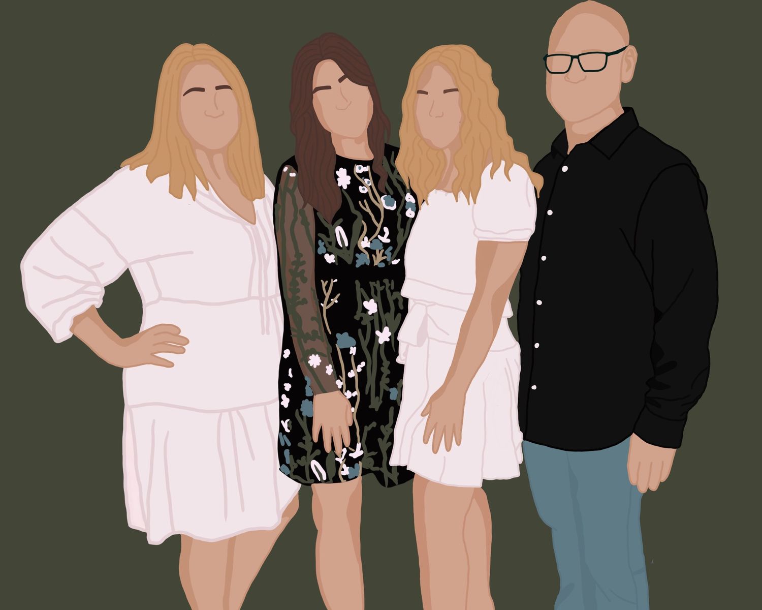 A minimalist illustration shows people in white and black clothing standing together against a dark green background.