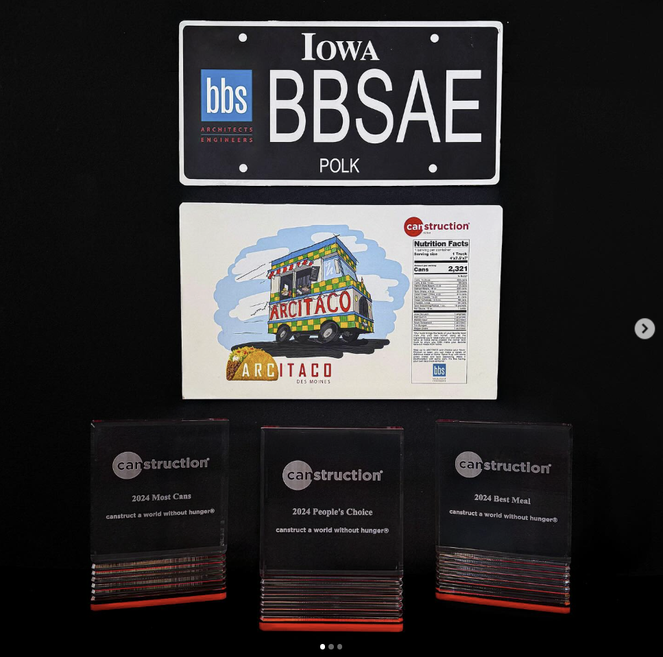 Collection of professional branding materials and signage featuring Iowa and BBSAE logos on black background.