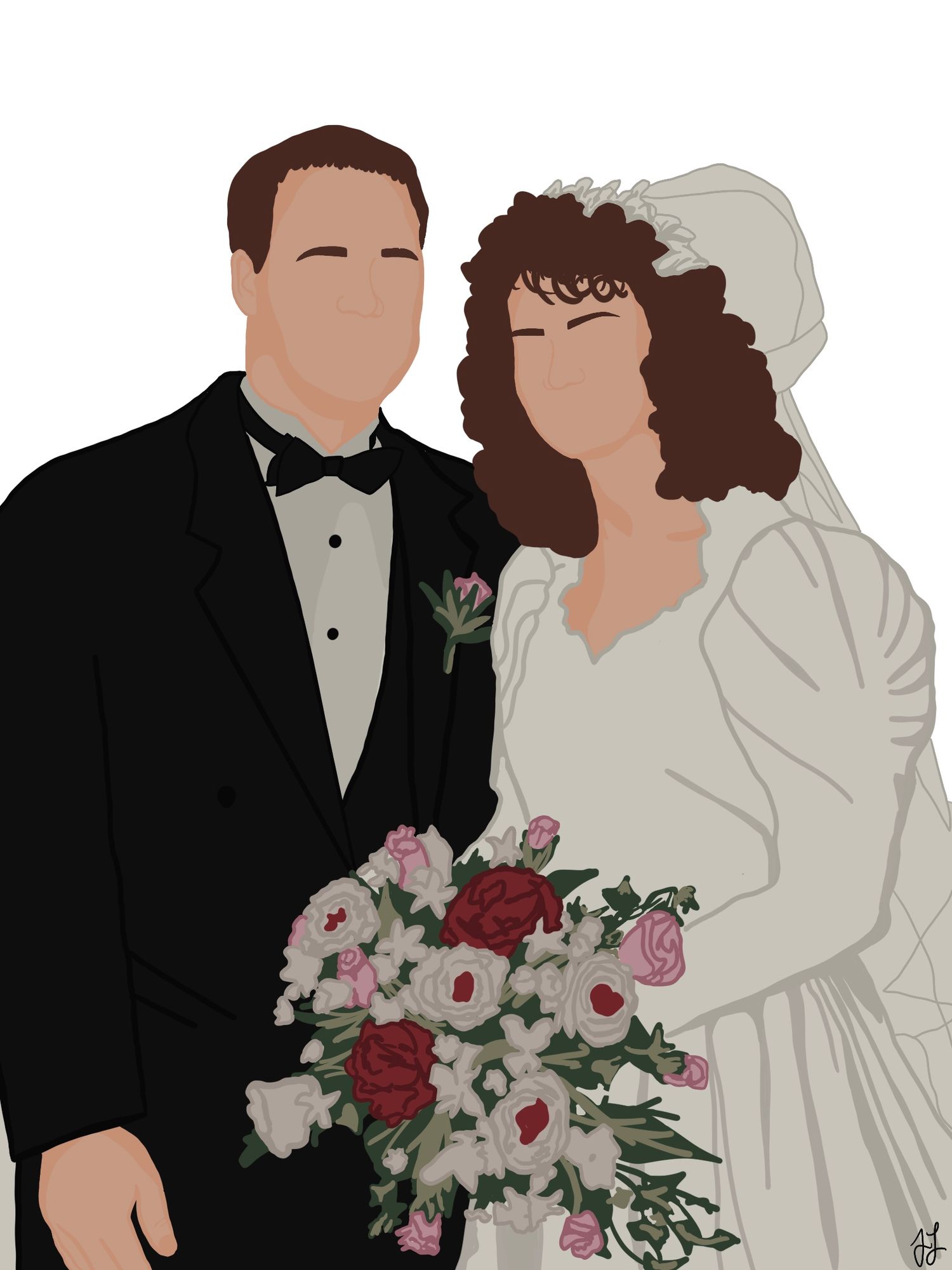 A series of minimalist wedding illustrations showing couples with floral bouquets in formal attire against a white background.