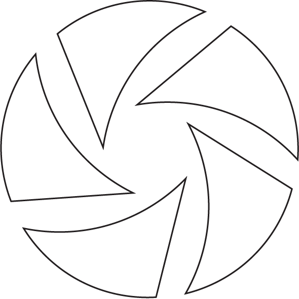 Simple black and white pinwheel design with curved triangular shapes arranged in a circular swirling pattern.